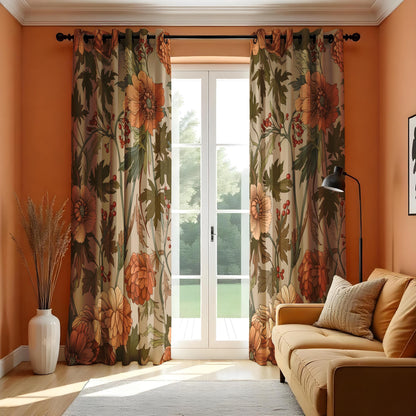 Autumn Orange Floral Curtains, Vintage Botanical Drapes