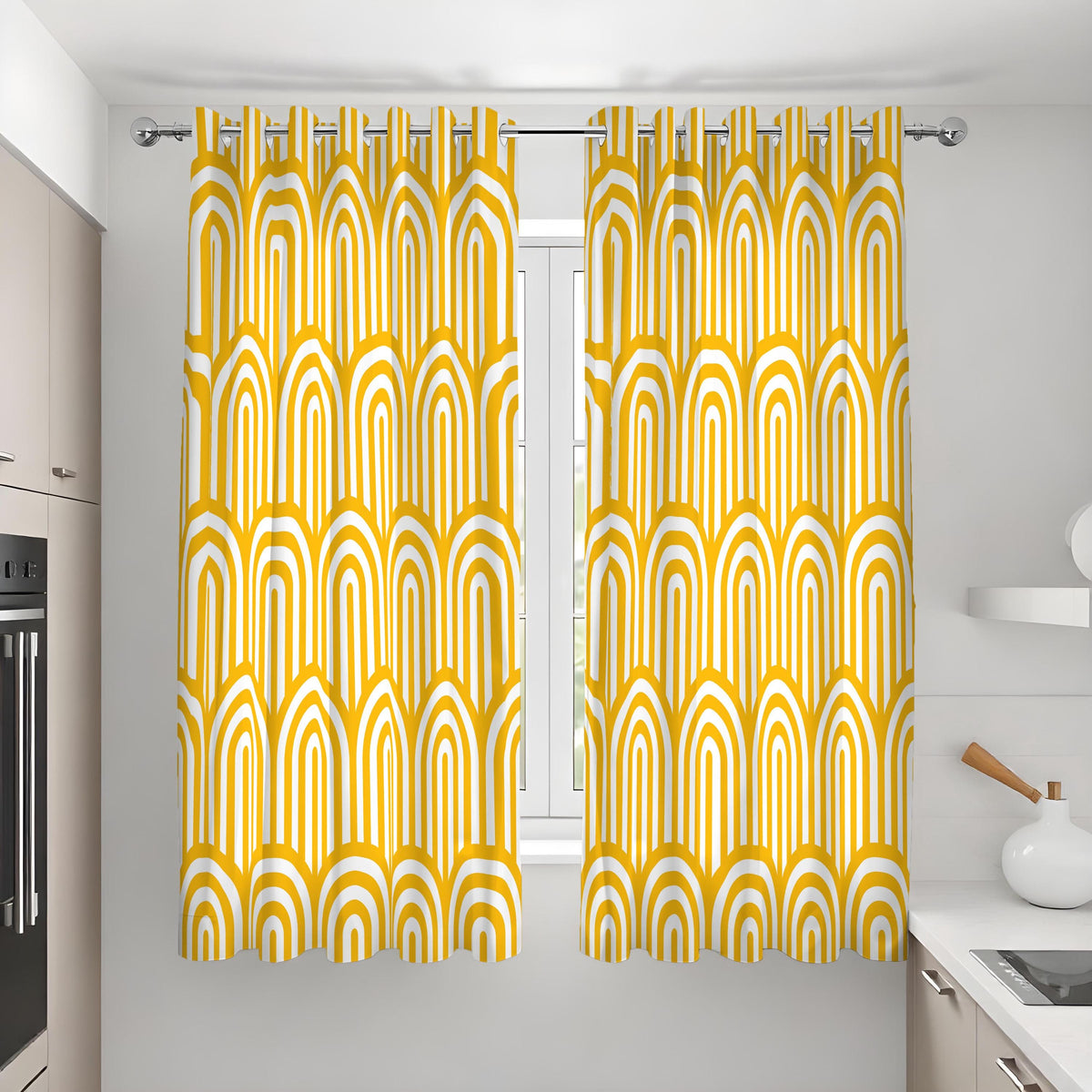 Mustard Yellow Retro Arch Curtains, Rainbow Geometric Drapes