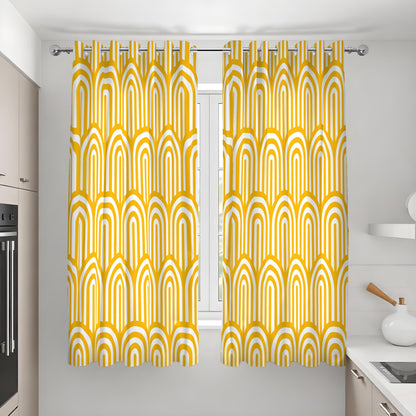 Mustard Yellow Retro Arch Curtains, Rainbow Geometric Drapes