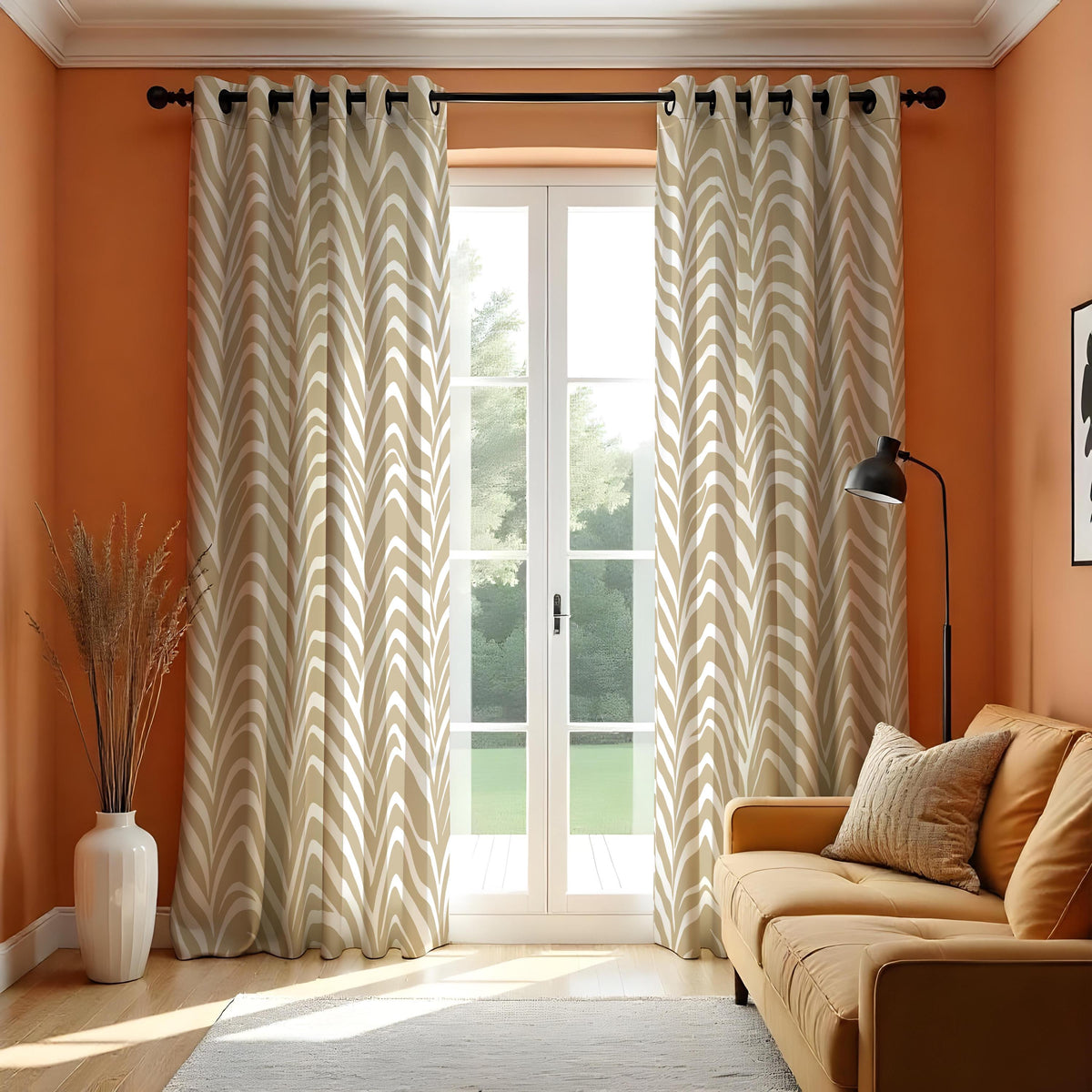 Beige Wave Pattern Curtains, Neutral Minimalist Drapes