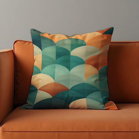 Bold Geometric Cushion Cover, Retro Teal and Burnt Orange Fan Pillow Case