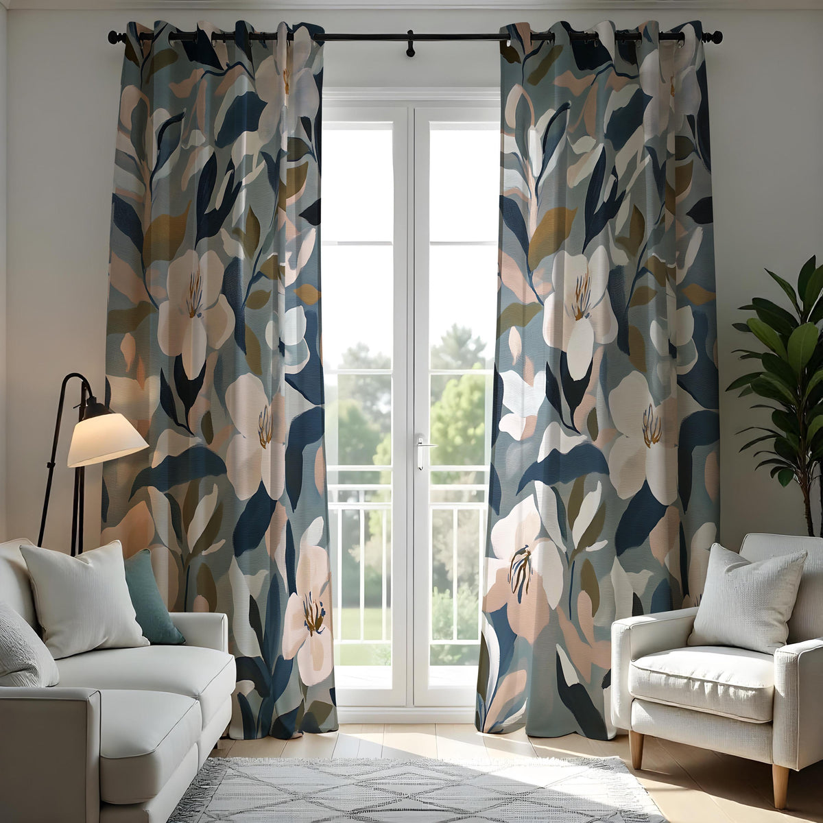 Navy Blue & Beige Floral Curtains, Abstract Leaf Drapes