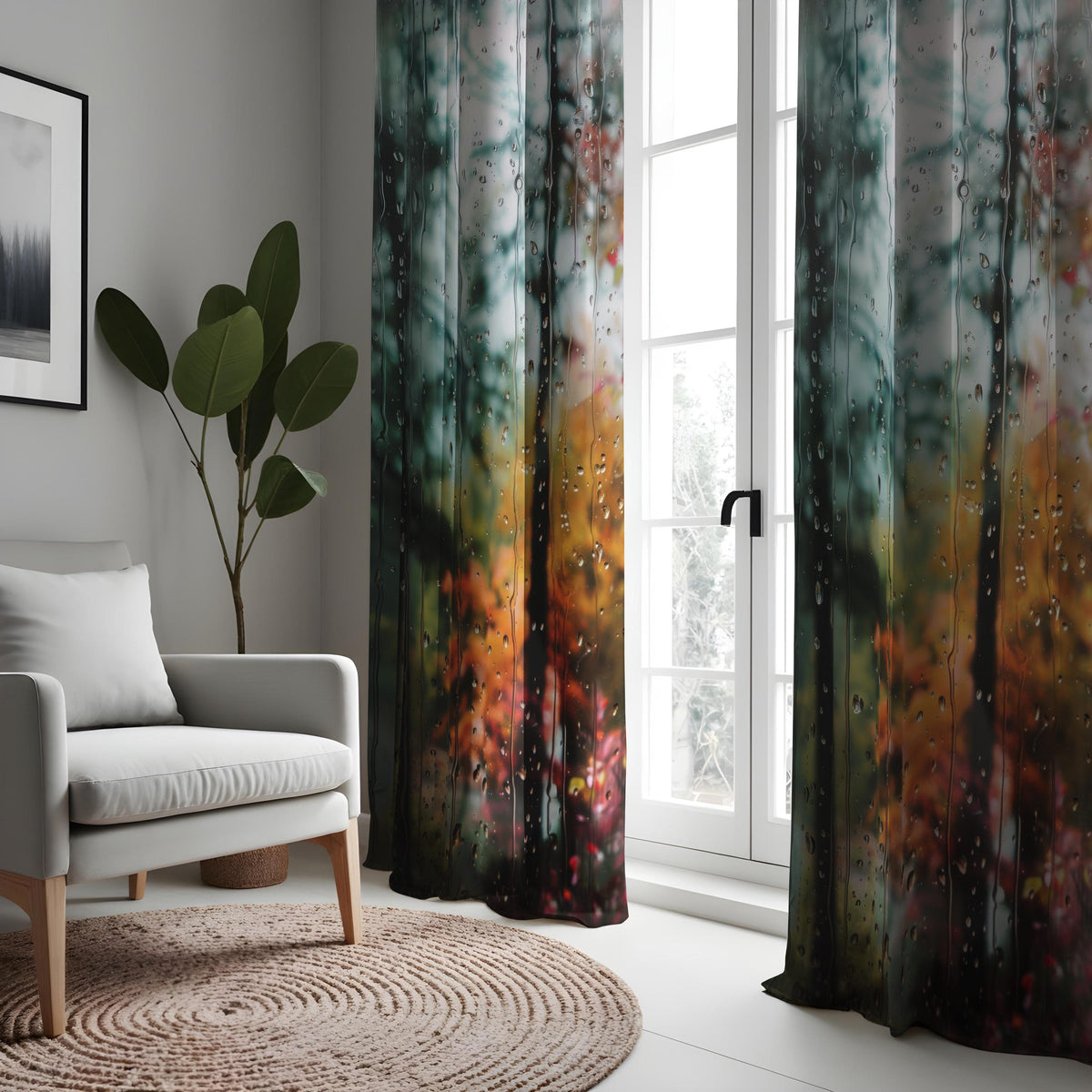 Rainy Window Autumn Forest Curtains, Nature Print Drapes