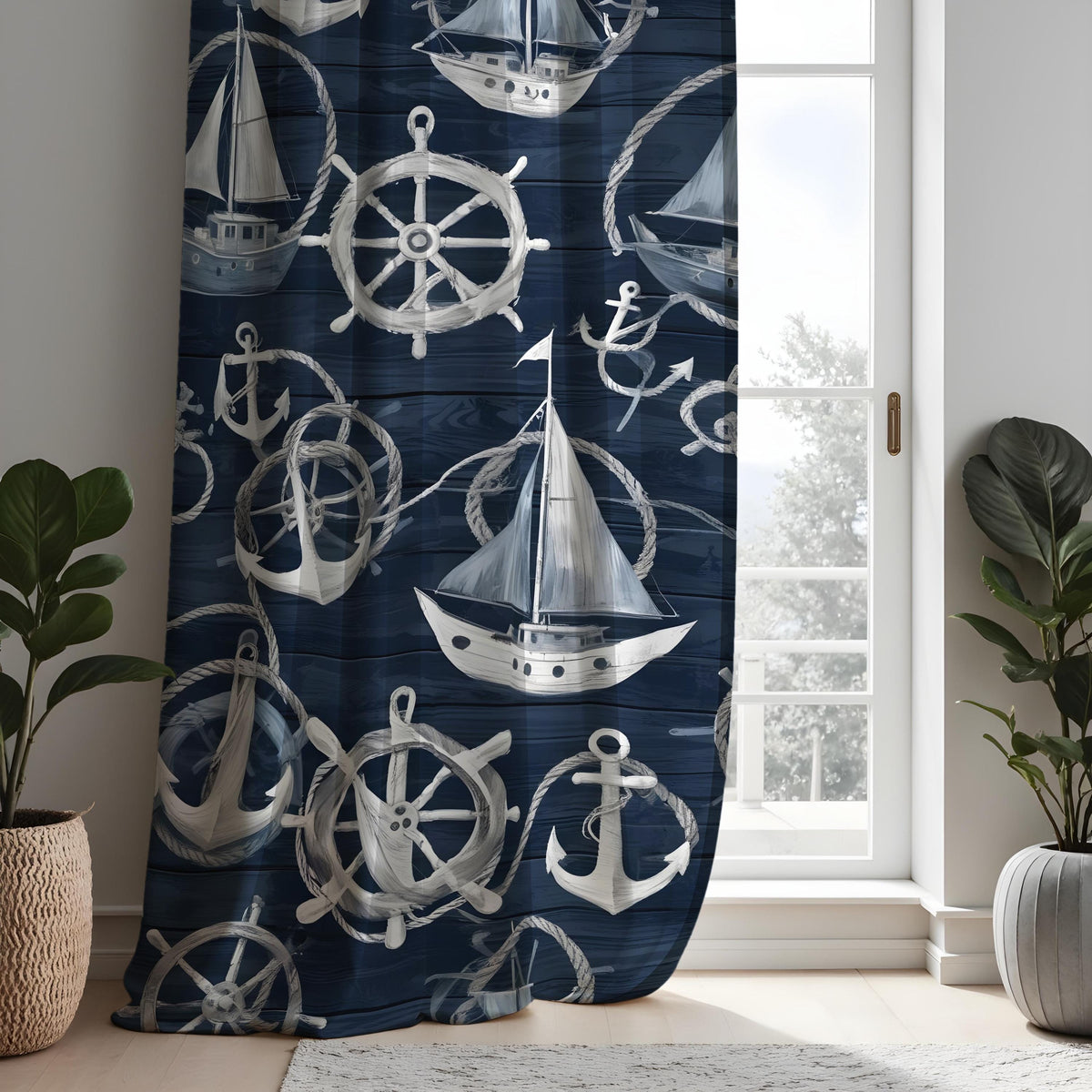 Navy Nautical Sailboat Curtains, Beach House Window Drapes