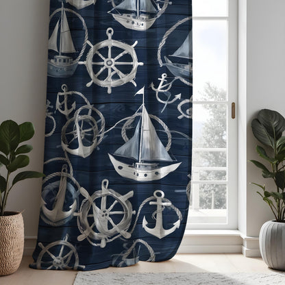 Navy Nautical Sailboat Curtains, Beach House Window Drapes