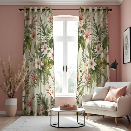 Green Leaf & Pink Flower Curtains, Tropical Floral Drapes
