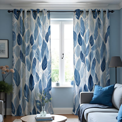 Blue Nature Leaf Curtains, Botanical Print Custom Drapes