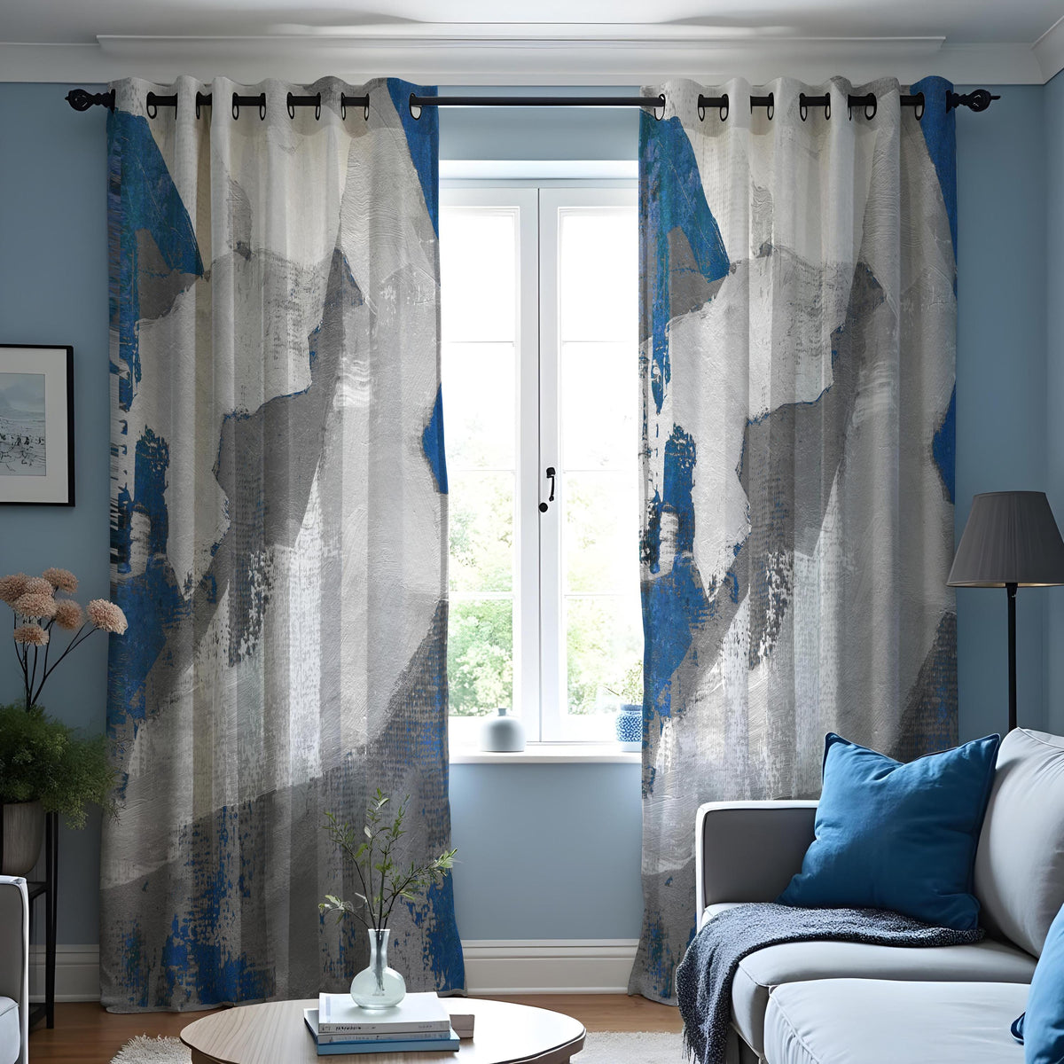 Grey and Blue Brushstroke Curtains, Abstract Art Drapes