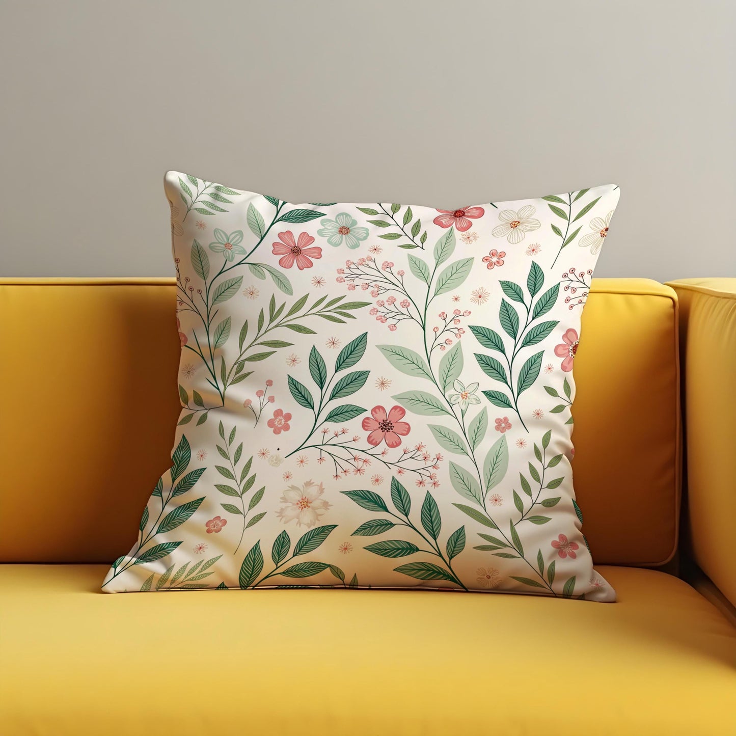 Floral Cushion Cover, Delicate Green Leaves & Pink Flowers Pillow Case