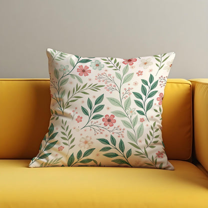 Floral Cushion Cover, Delicate Green Leaves & Pink Flowers Pillow Case