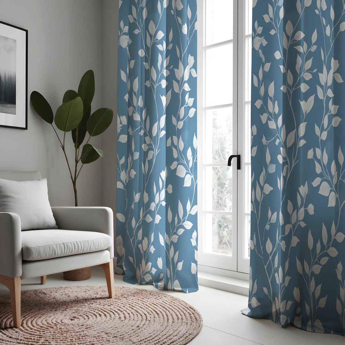 Blue Botanical Leaf Curtains, White Leaves Print Drapes