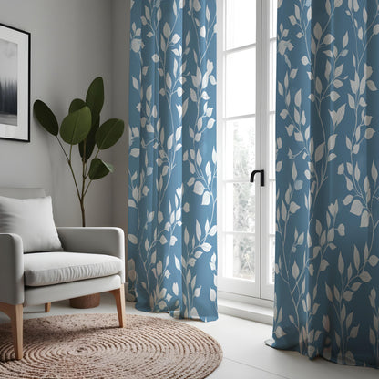 Blue Botanical Leaf Curtains, White Leaves Print Drapes