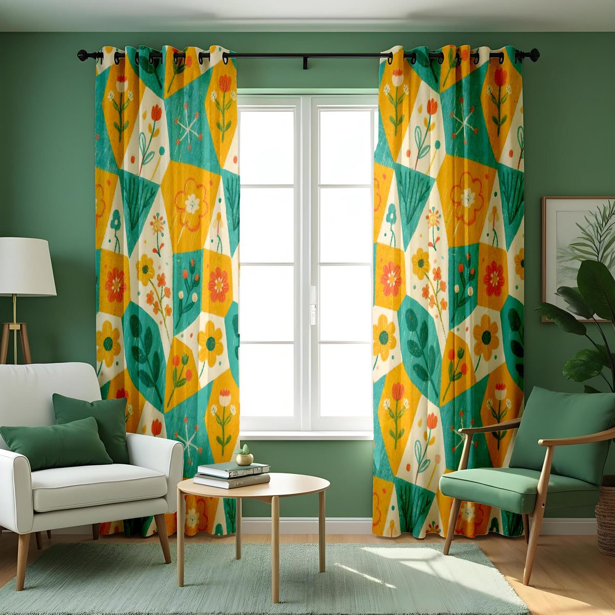 Yellow Teal Retro Floral Curtains, Geometric Flower Drapes