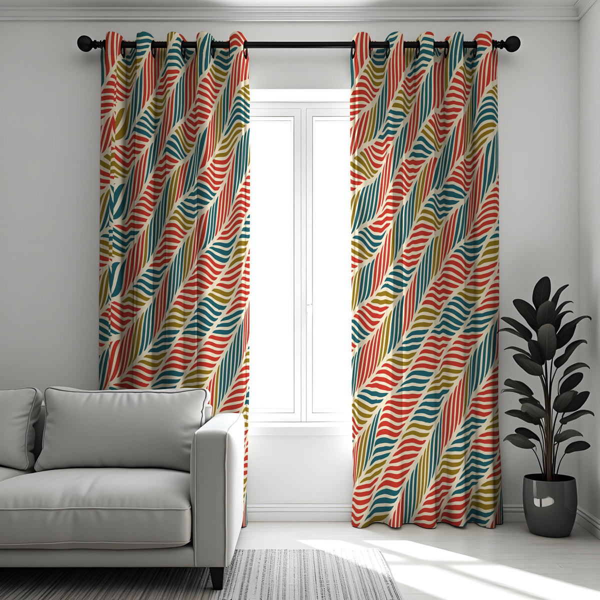 Orange Teal Mustard Wave Stripe Curtains, Retro Drapes