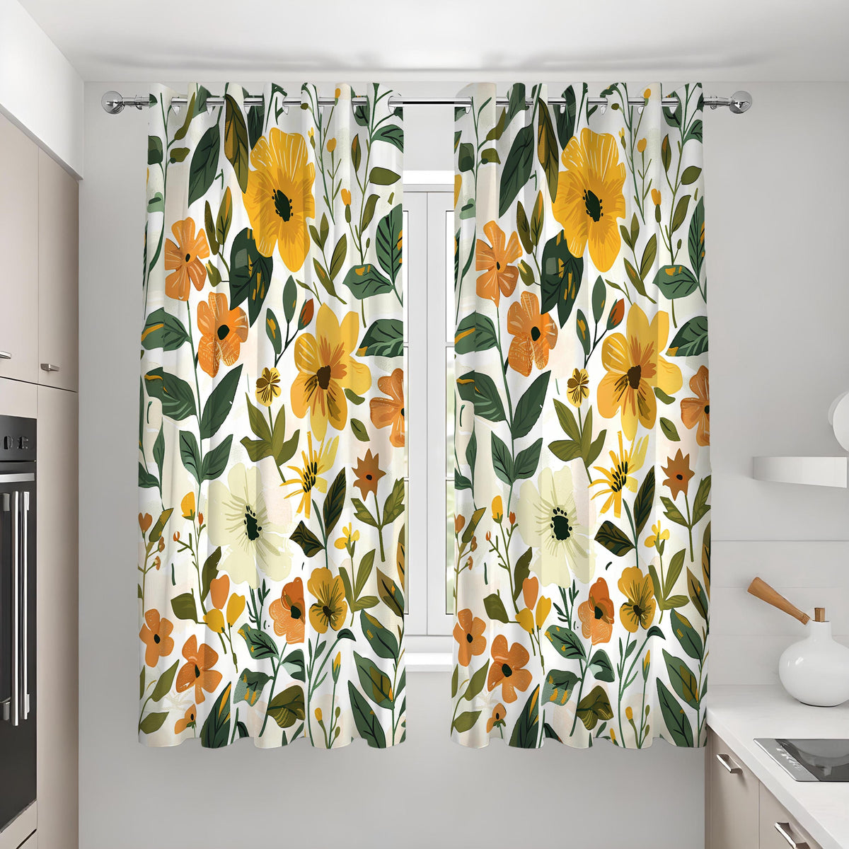 Yellow Floral Print Curtains, Summer Botanical Drapes