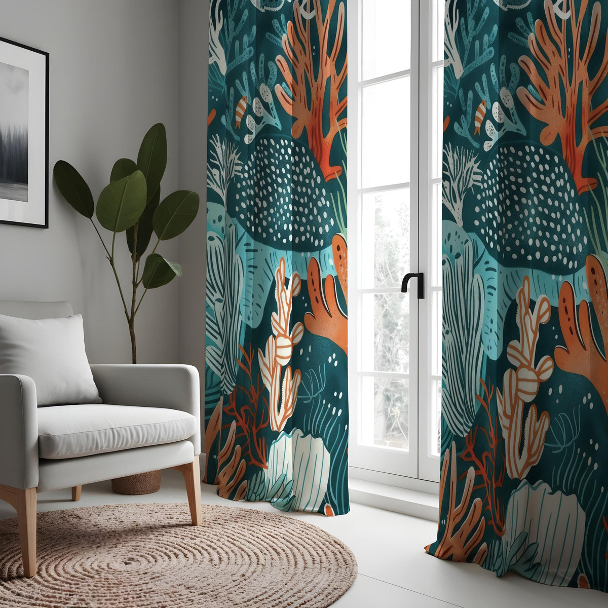 Teal Coral Reef Curtains, Ocean Fish & Sea Life Drapes