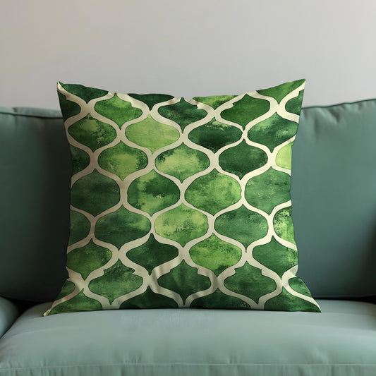 Green Moroccan Trellis Cushion Cover, Watercolor Style Pillow Cover