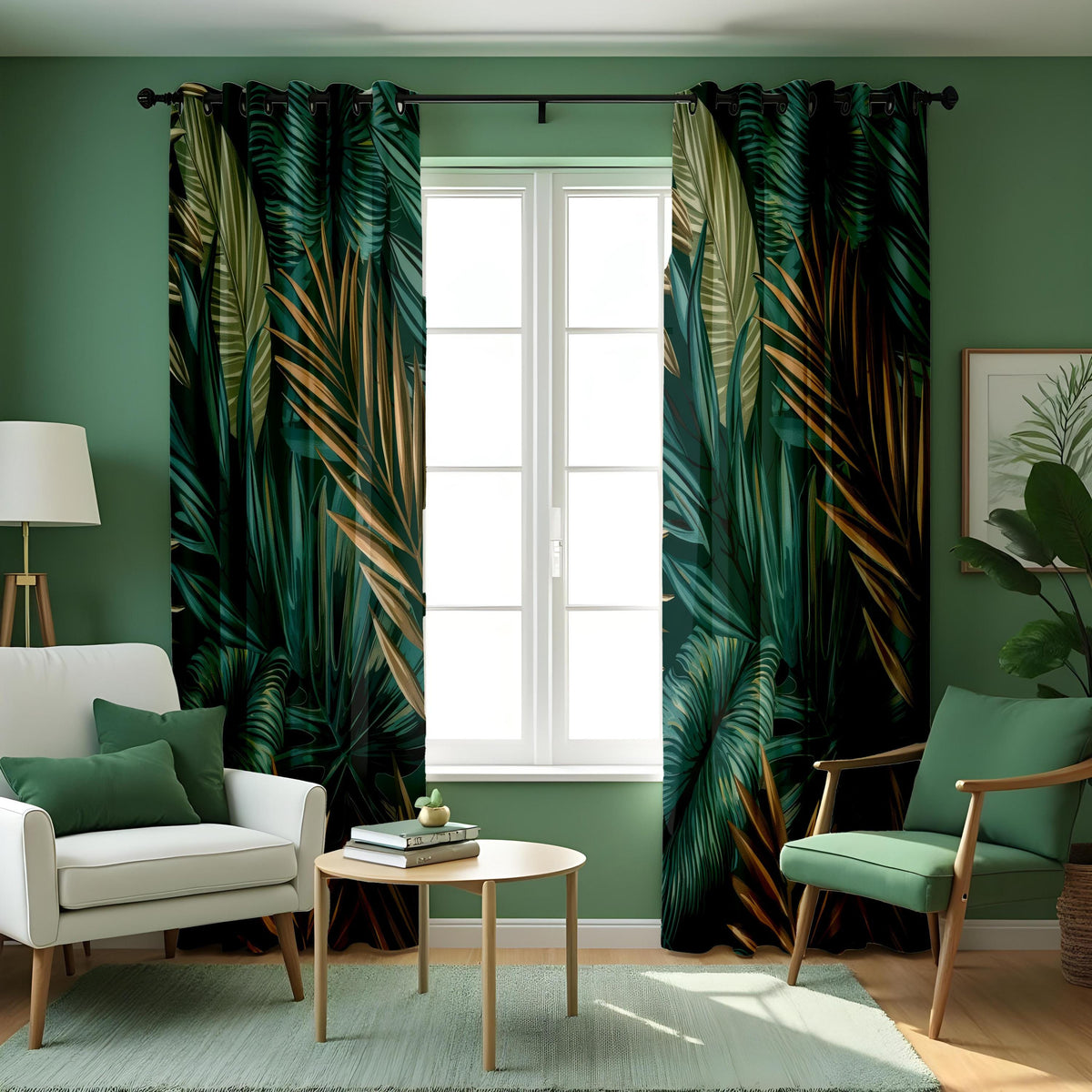 Dark Tropical Leaf Curtains, Jungle Botanical Print Drapes