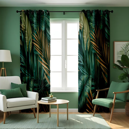 Dark Tropical Leaf Curtains, Jungle Botanical Print Drapes