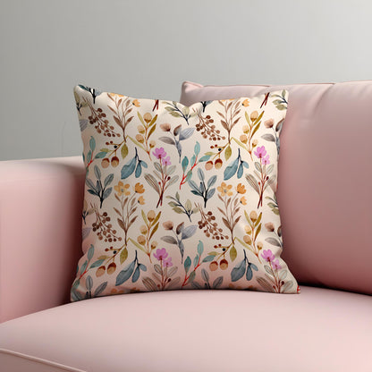 Watercolor Botanical Throw Cushion Cover, Soft Beige Pillow Case