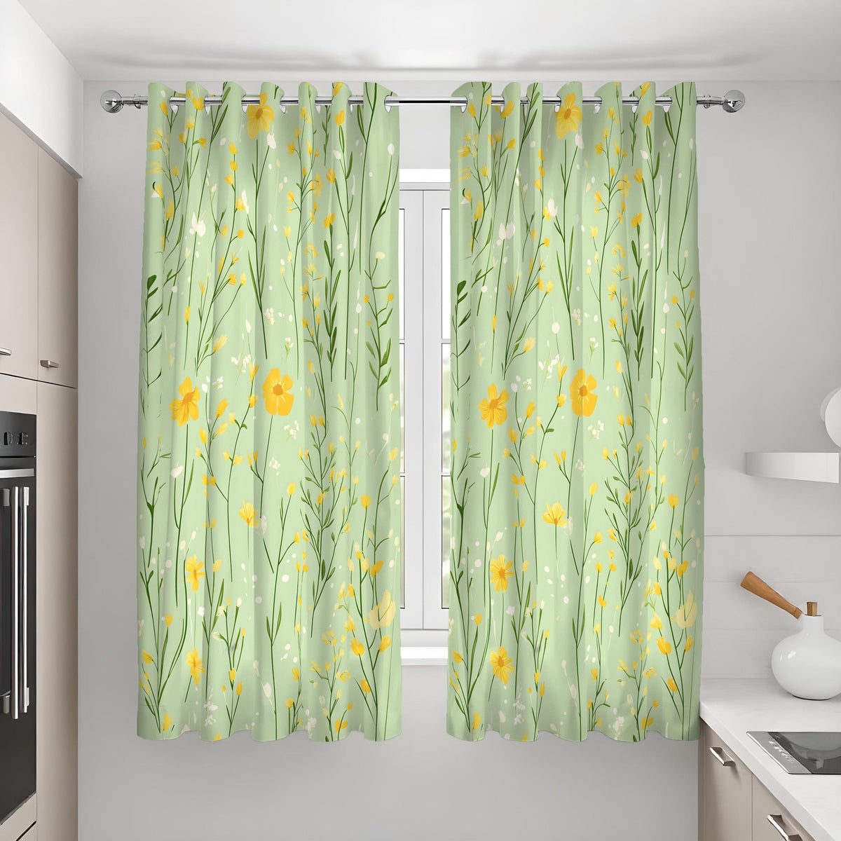 Light Green Meadow Curtains, Yellow Wildflower Drapes