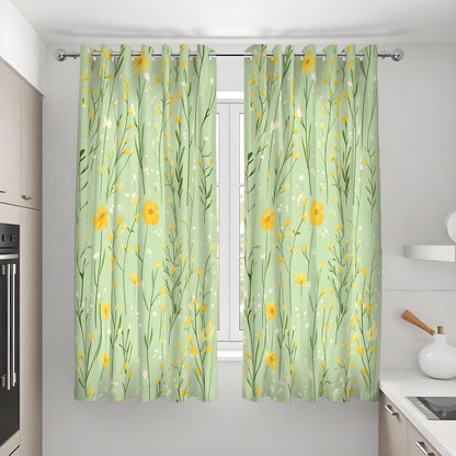 Light Green Meadow Curtains, Yellow Wildflower Drapes
