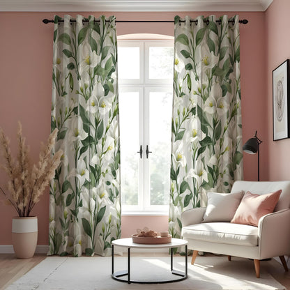 Calla Lily Curtains, White Floral & Green Leaf Drapes