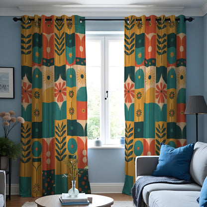 Teal Mustard Orange Mid Century Floral Curtains, Retro Drapes