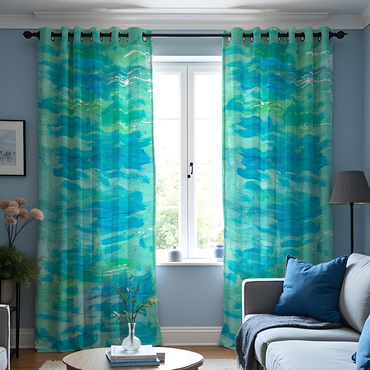 Aqua Blue Ocean Wave Curtains, Watercolor Coastal Drapes