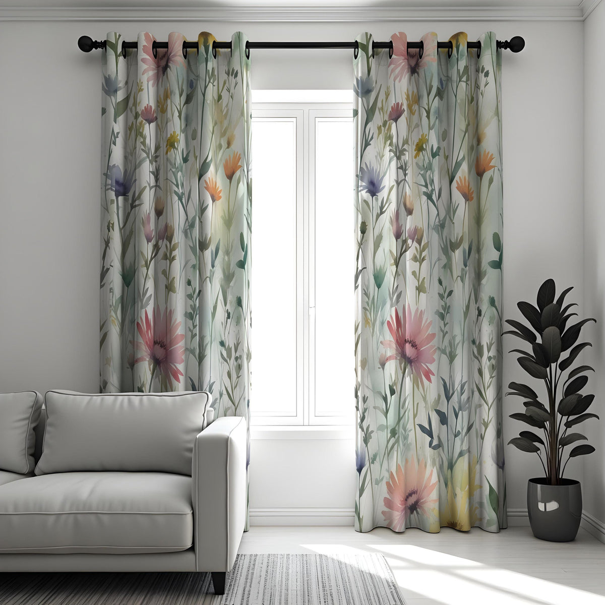 Watercolor Floral Botanical Curtains, Calm Nature Drapes