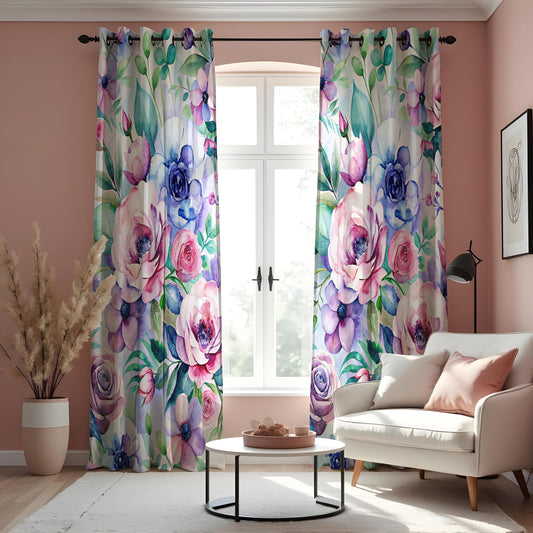 Purple & Pink Peony Rose Curtains, Watercolor Floral Drapes