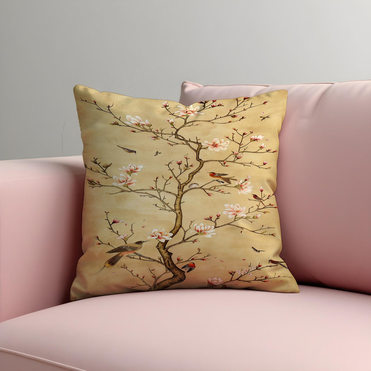 Blossom Bird Cushion Cover, Oriental Floral Pillow Case