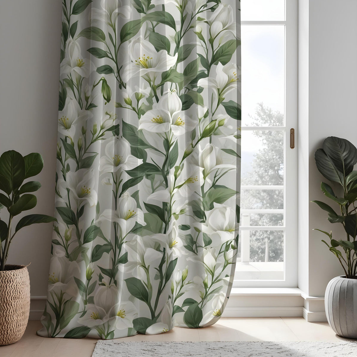Calla Lily Curtains, White Floral & Green Leaf Drapes