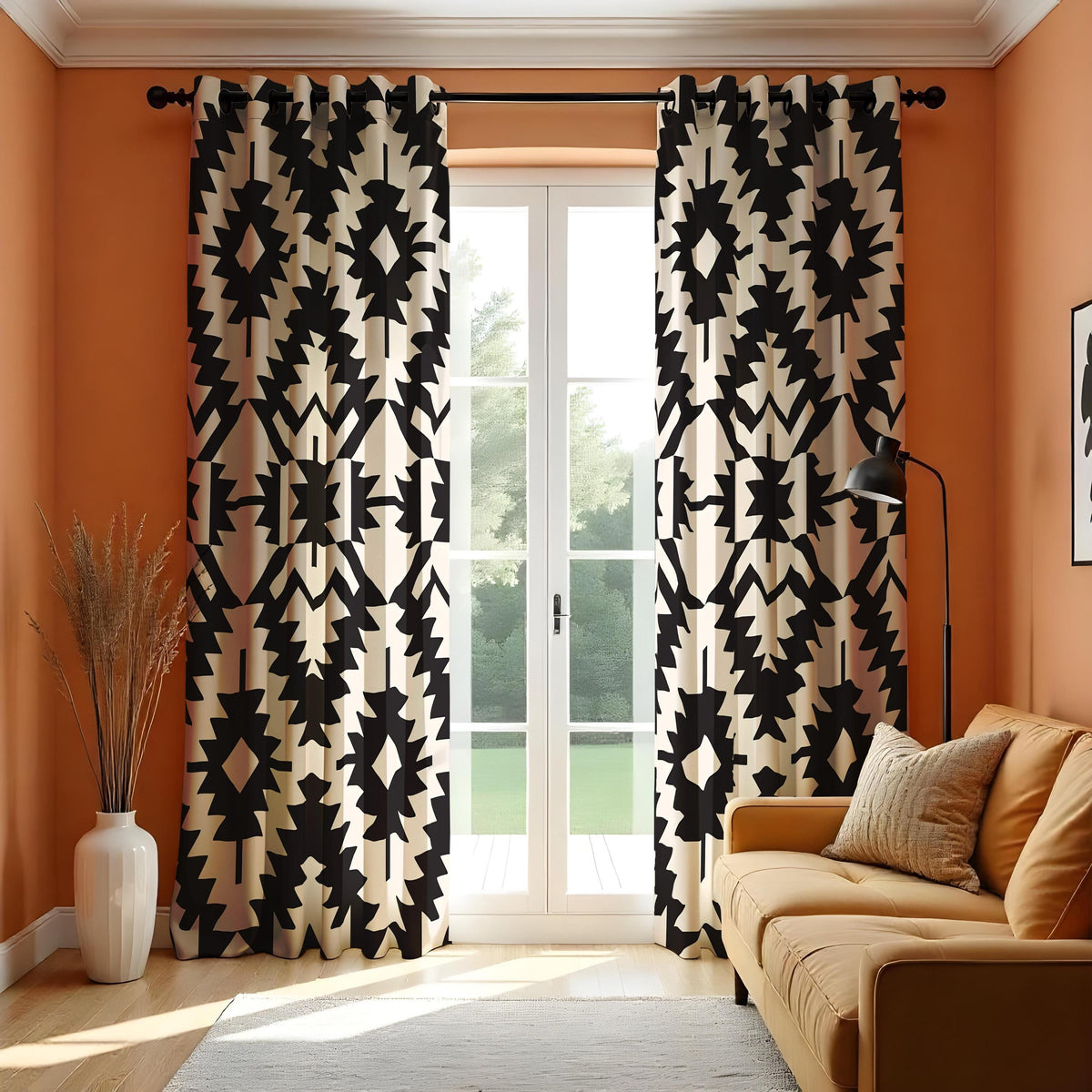 Black and White Aztec Curtains, Monochrome Geometric Drapes