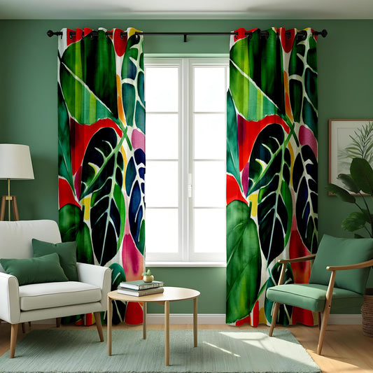 Red & Green Jungle Leaf Curtains, Tropical Botanical Drapes