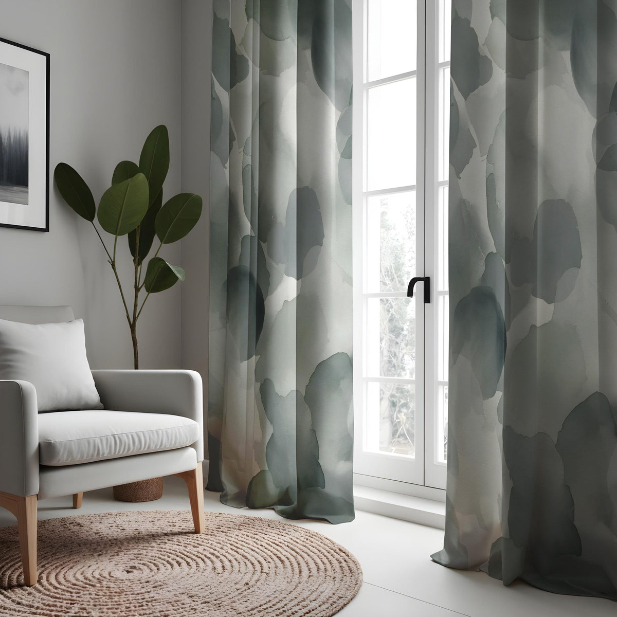 Grey Watercolor Abstract Curtains, Neutral Minimalist Drapes