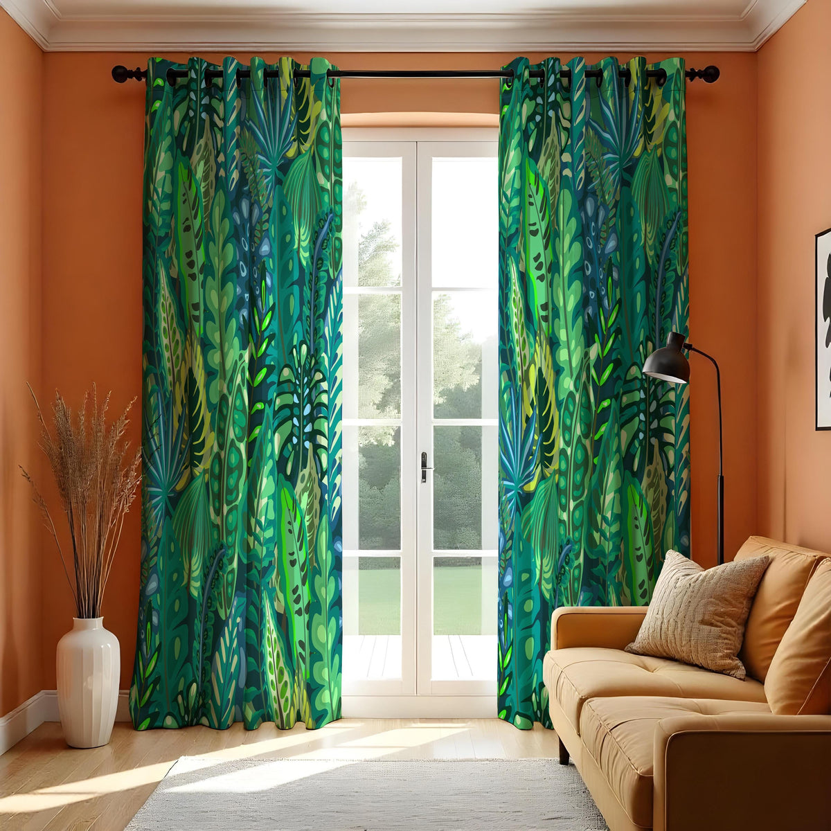 Green Jungle Leaf Curtains, Tropical Botanical Window Drapes