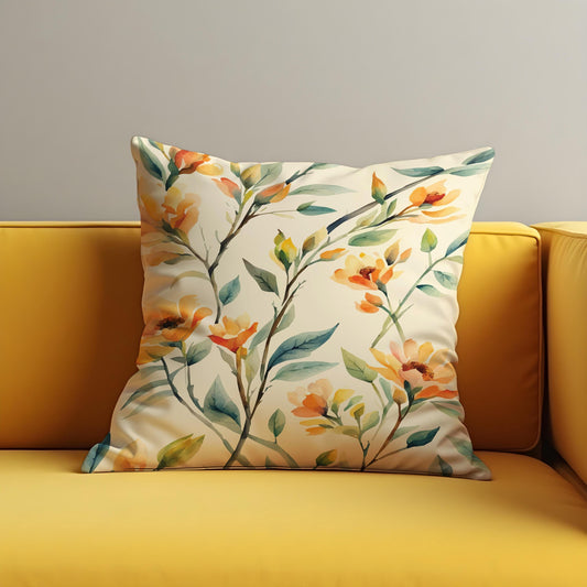 Spring Floral Cushion Cover, Orange & Yellow Watercolor Flowers Pillow Case