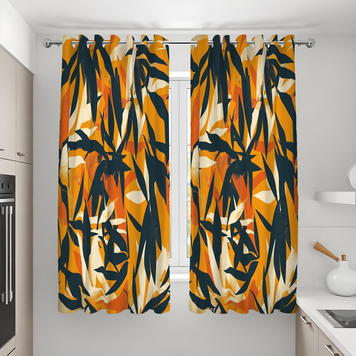 Orange Abstract Brushstroke Curtains, Artistic Leaf Drapes