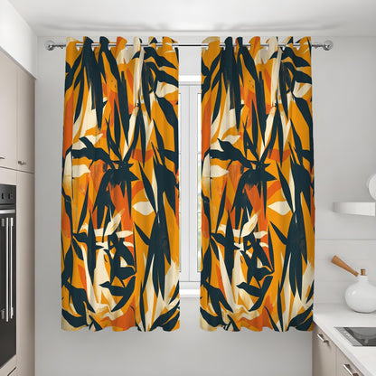 Orange Abstract Brushstroke Curtains, Artistic Leaf Drapes