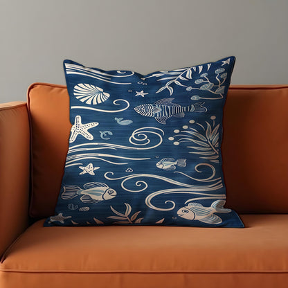 Nautical Ocean Theme Cushion, Blue Sea Life Throw Pillow Cover