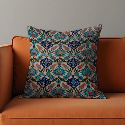Turkish Tile Cushion Cover, Blue Floral Pattern Throw Pillow Case