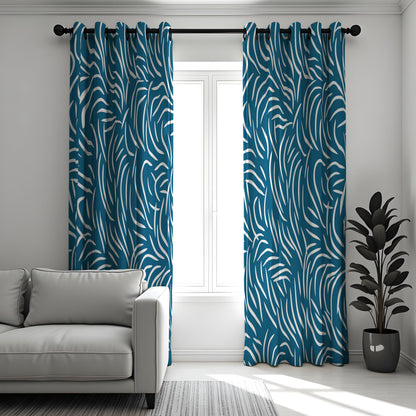 Teal Blue & White Abstract Curtains, Modern Pattern Drapes