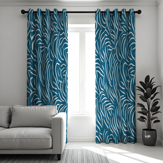 Teal Blue & White Abstract Curtains, Modern Pattern Drapes