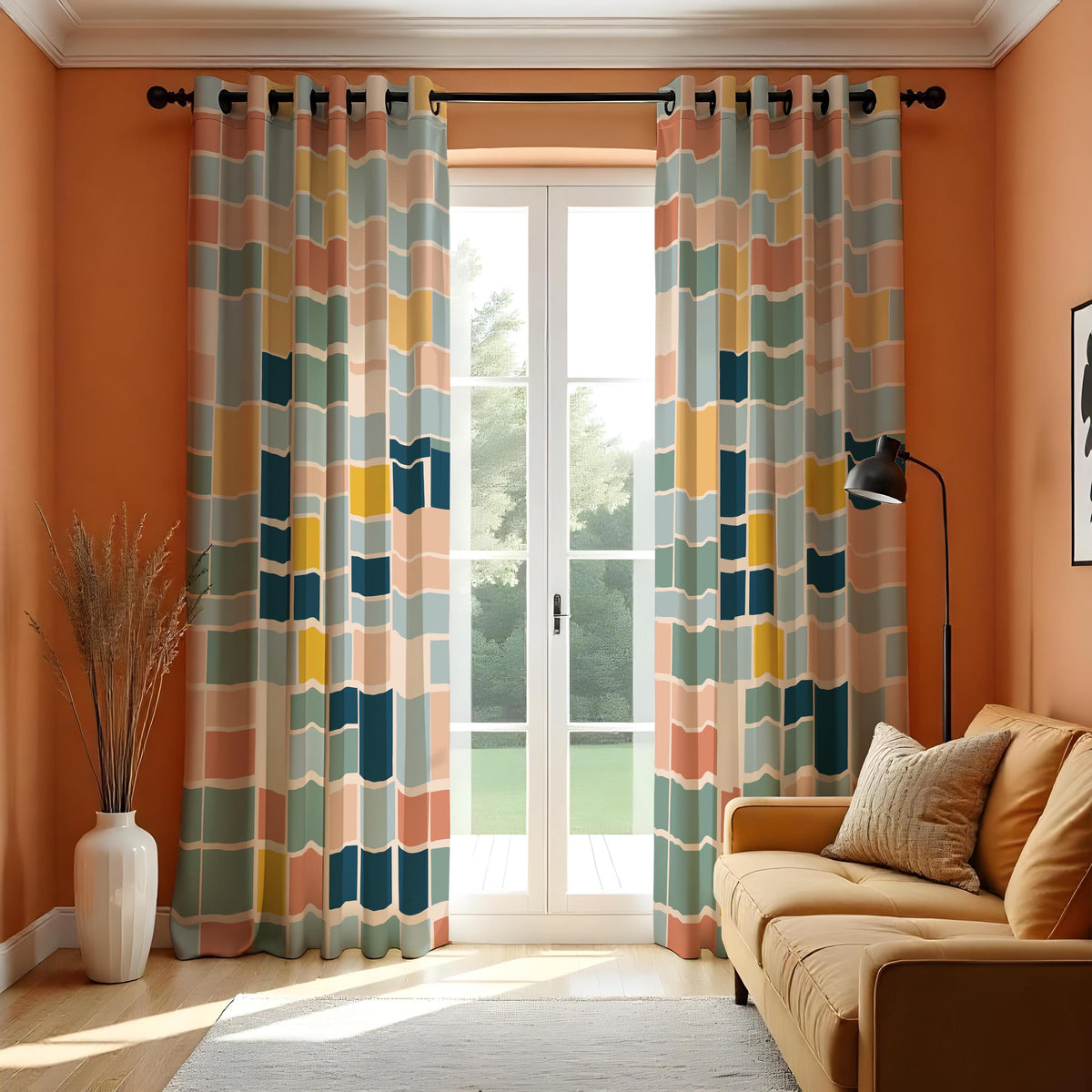 Multicolor Color Block Curtains, Retro Geometric Drapes