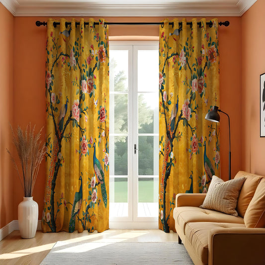 Yellow Chinoiserie Peacock Curtains, Floral Window Drapes