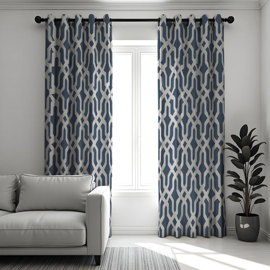 Blue Lattice Curtains, Contemporary Geometric Print Drapes