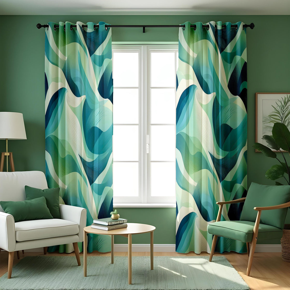 Teal Aqua Art Deco Wave Curtains, Ocean Geometric Drapes