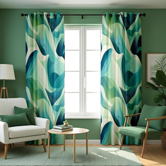 Teal Aqua Art Deco Wave Curtains, Ocean Geometric Drapes