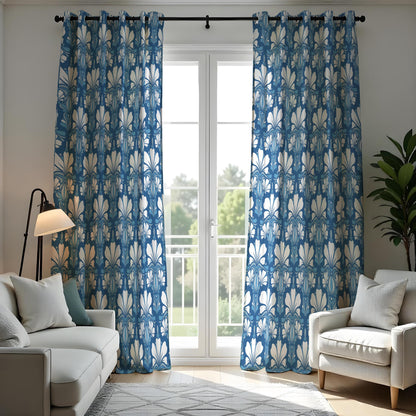 Blue Art Deco Curtains, Classic Geometric Window Drapes